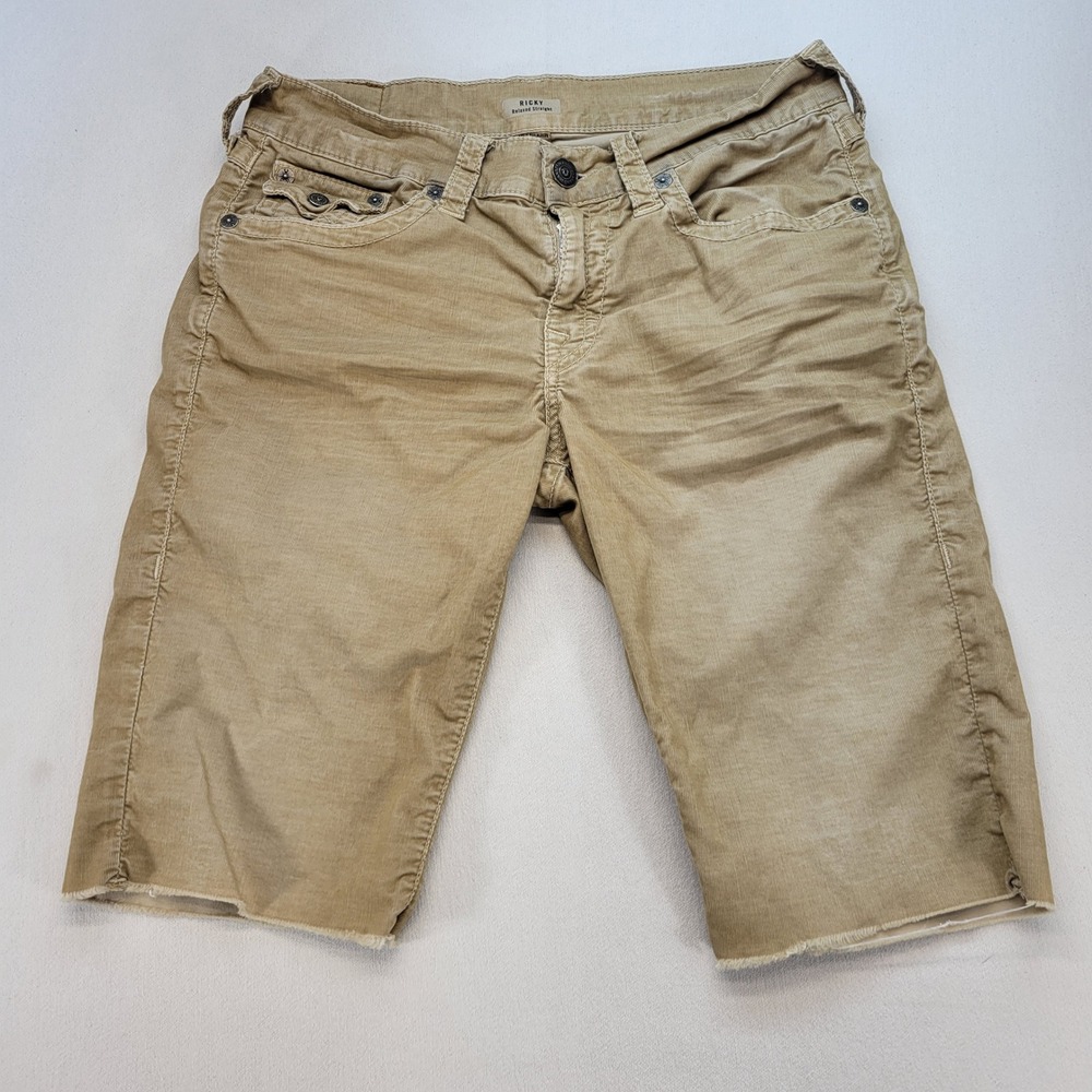 True Religion Ricky Shorts Mens 31 Tan Corduroy Cutoff Raw Hem Frayed